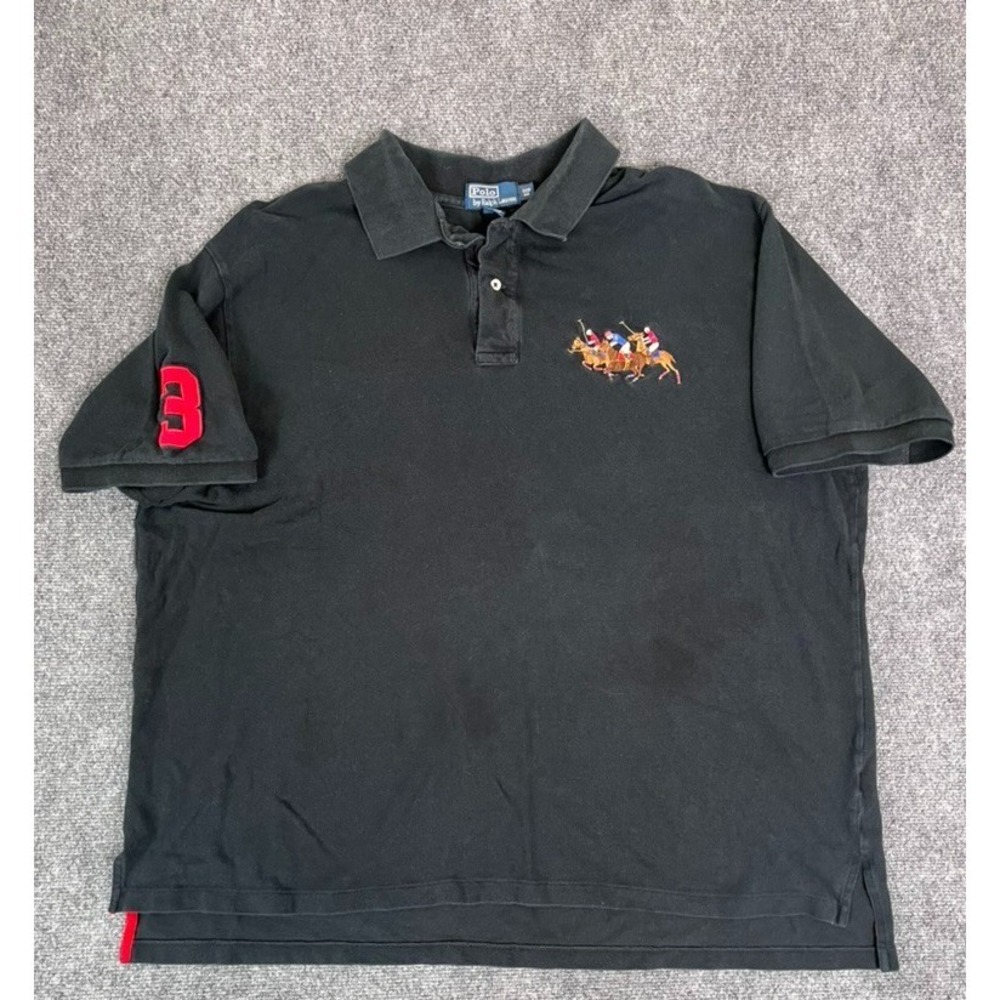 Polo Ralph Lauren Black Big Triple Pony Logo Polo Shirt‎ Cotton 3XB Big STAINED